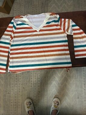 Striped V-Neck Long Sleeve Top in White, Teal & Rust